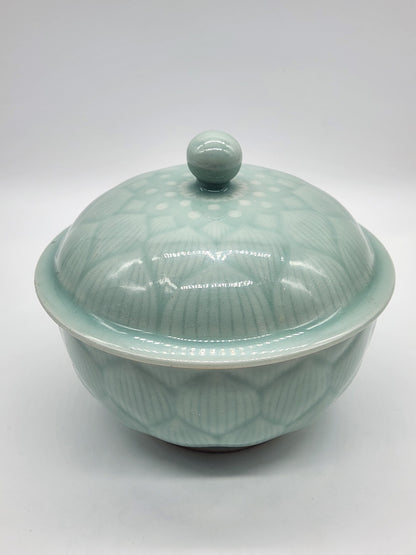 Longquan Celadon Green Bowl with Lid Lidded Lotus Flower Floral 5.5 inches wide