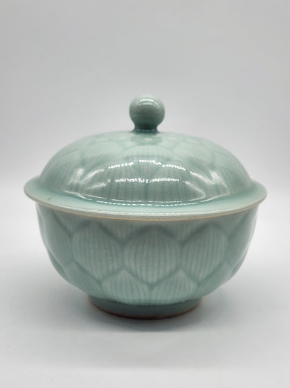 Longquan Celadon Green Bowl with Lid Lidded Lotus Flower Floral 5.5 inches wide