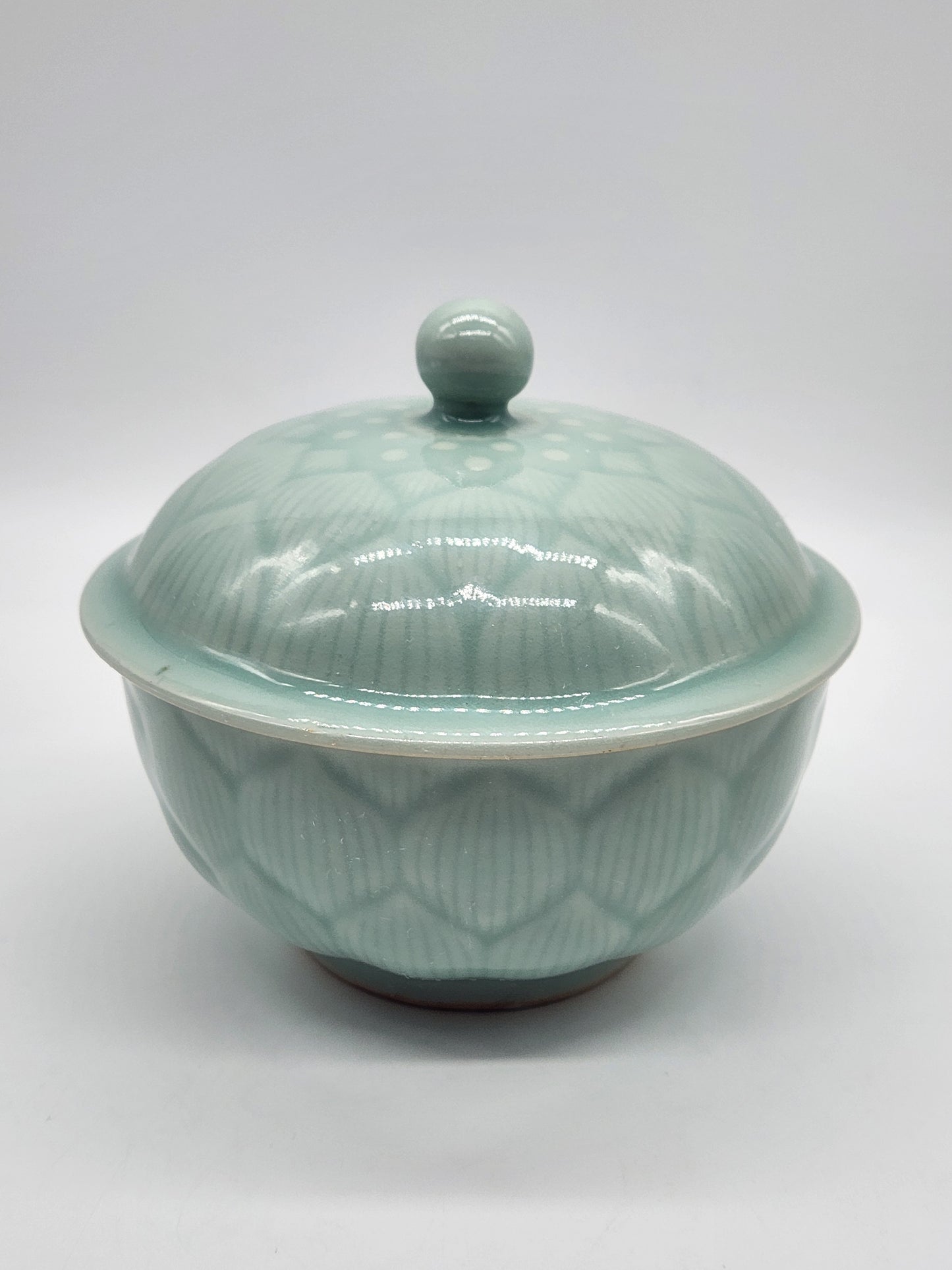 Longquan Celadon Green Bowl with Lid Lidded Lotus Flower Floral 5.5 inches wide