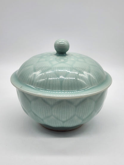 Longquan Celadon Green Bowl with Lid Lidded Lotus Flower Floral 5.5 inches wide