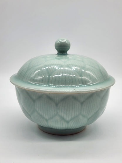 Longquan Celadon Green Bowl with Lid Lidded Lotus Flower Floral 5.5 inches wide