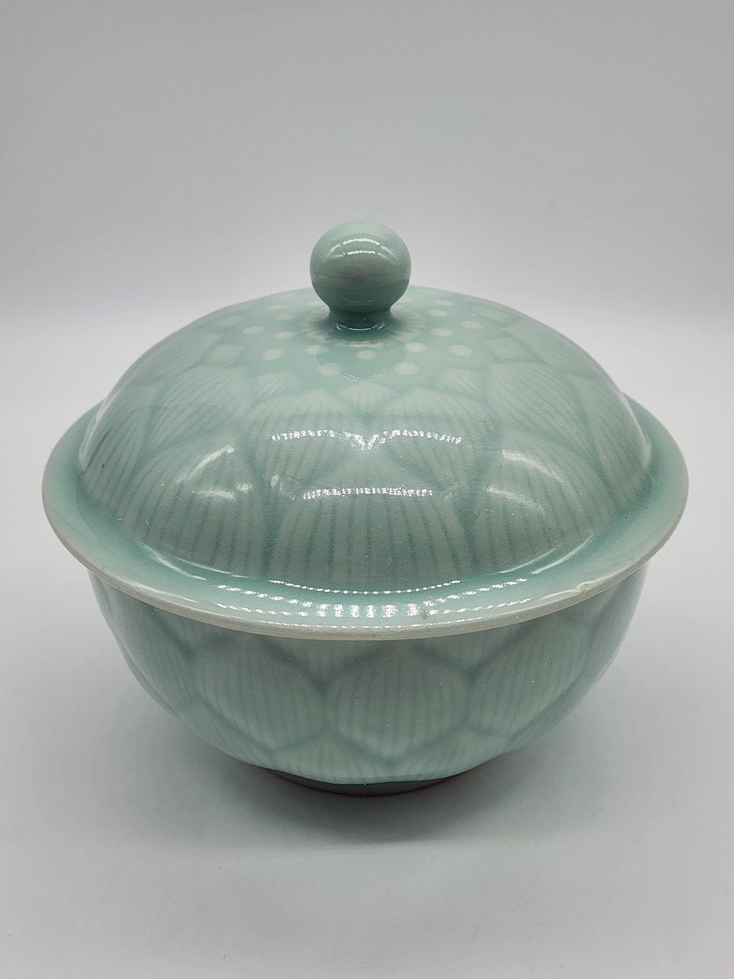 Longquan Celadon Green Bowl with Lid Lidded Lotus Flower Floral 5.5 inches wide