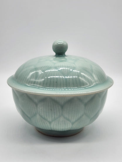 Longquan Celadon Green Bowl with Lid Lidded Lotus Flower Floral 5.5 inches wide