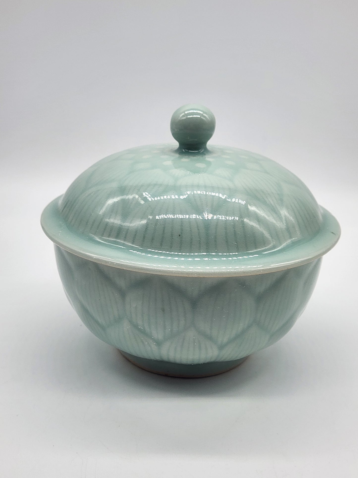 Longquan Celadon Green Bowl with Lid Lidded Lotus Flower Floral 5.5 inches wide