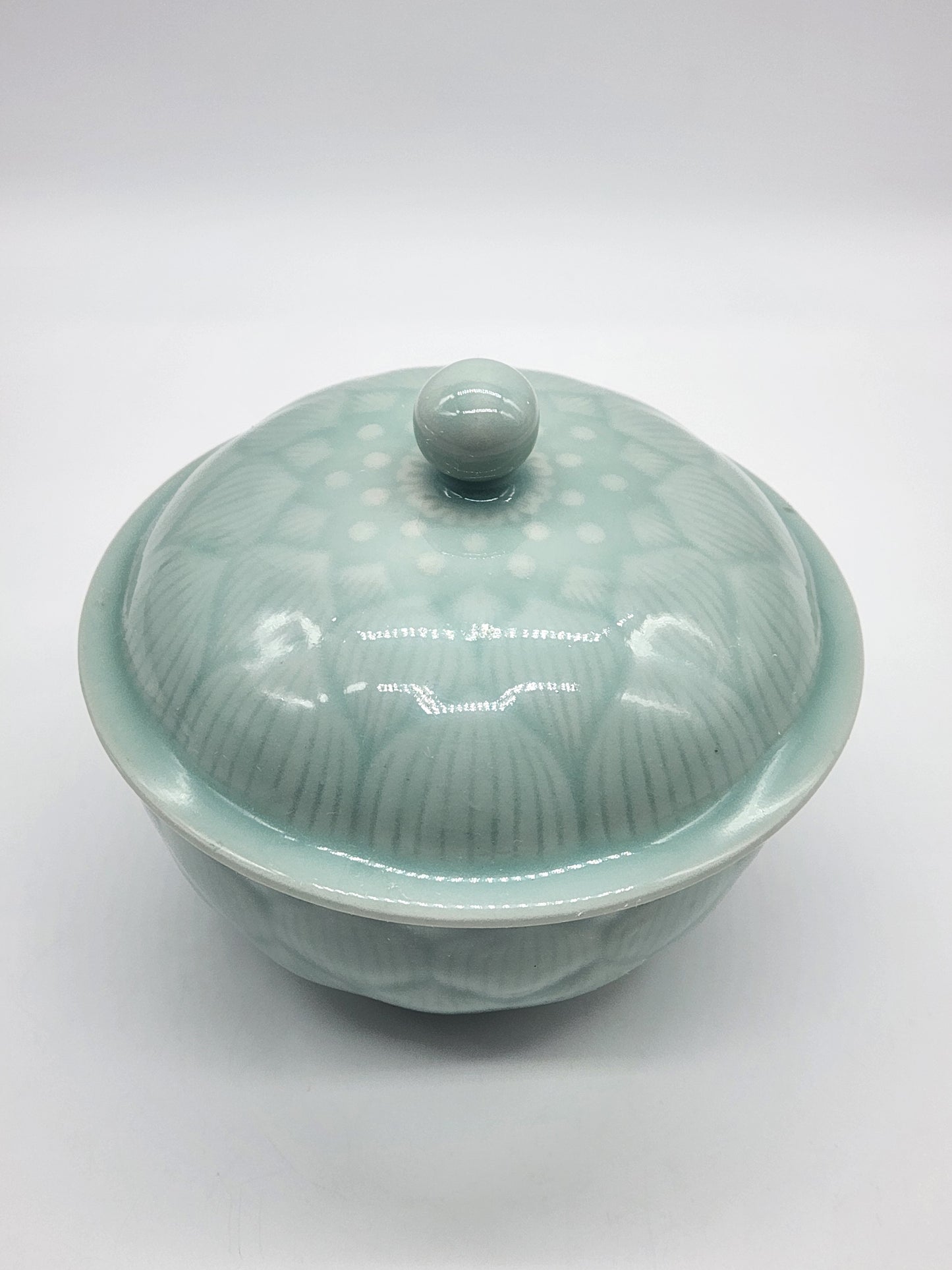 Longquan Celadon Green Bowl with Lid Lidded Lotus Flower Floral 5.5 inches wide