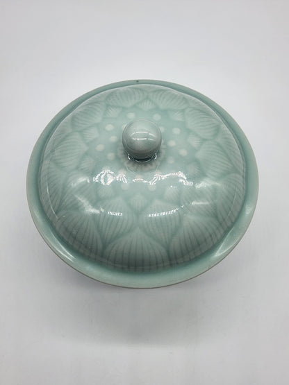 Longquan Celadon Green Bowl with Lid Lidded Lotus Flower Floral 5.5 inches wide