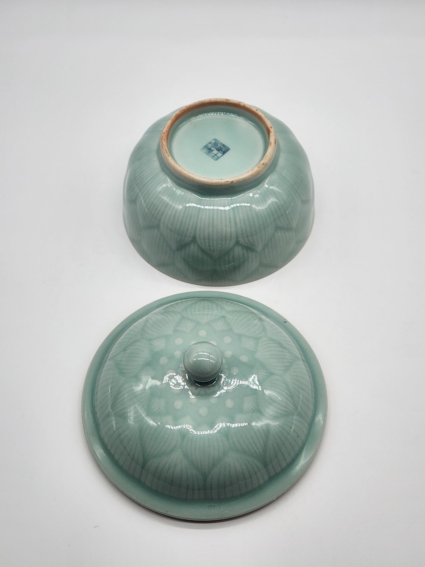 Longquan Celadon Green Bowl with Lid Lidded Lotus Flower Floral 5.5 inches wide