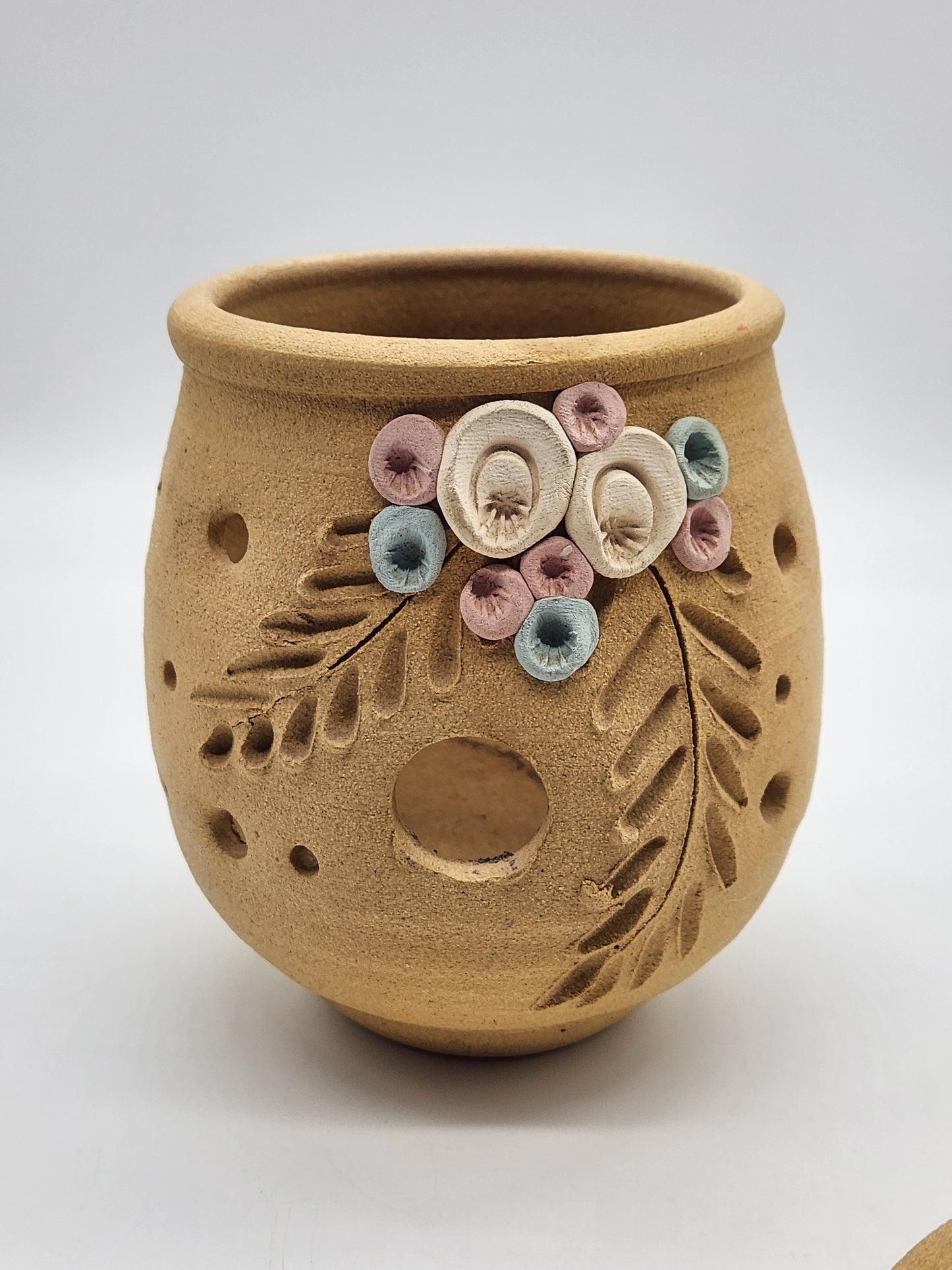 Sandstone Candle Holder Tea Light Tan Rustic Southwestern Home Decor Pink Floral 6"