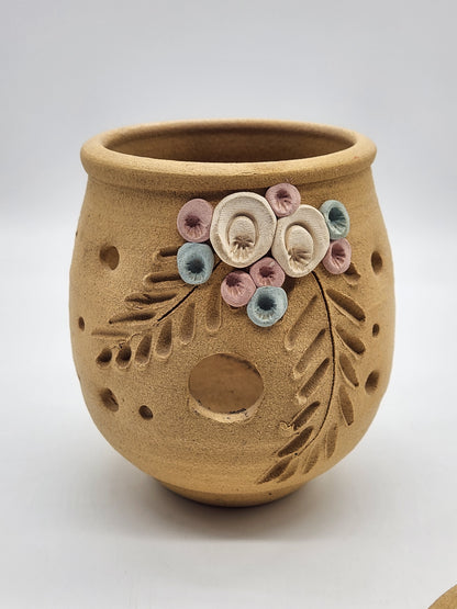 Sandstone Candle Holder Tea Light Tan Rustic Southwestern Home Decor Pink Floral 6"