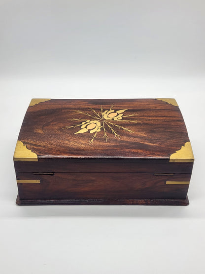 Vintage Brass Flower / Floral Rectangular Wooden Unisex Keepsake / Trinket Box