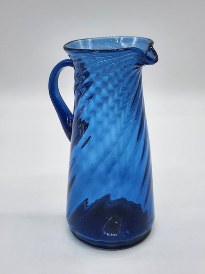 Vintage Spiral Swirl Cobalt Blue Hand Blown Creamer 5.5"