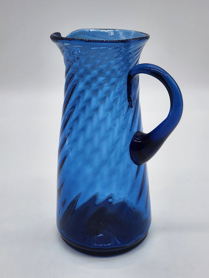 Vintage Spiral Swirl Cobalt Blue Hand Blown Creamer 5.5"