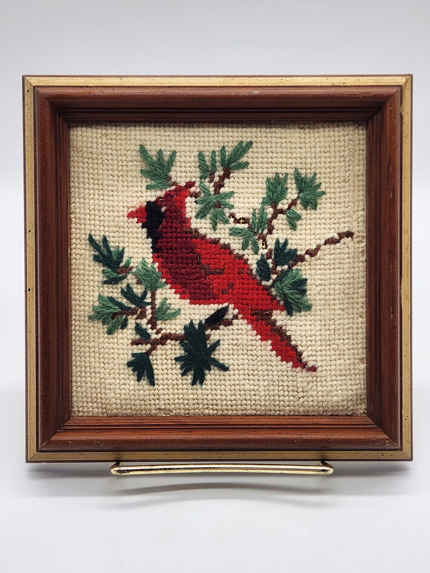 VTG Cardinal Cross Stitch Framed Art Boho Christmas Winter Decor Handcrafted