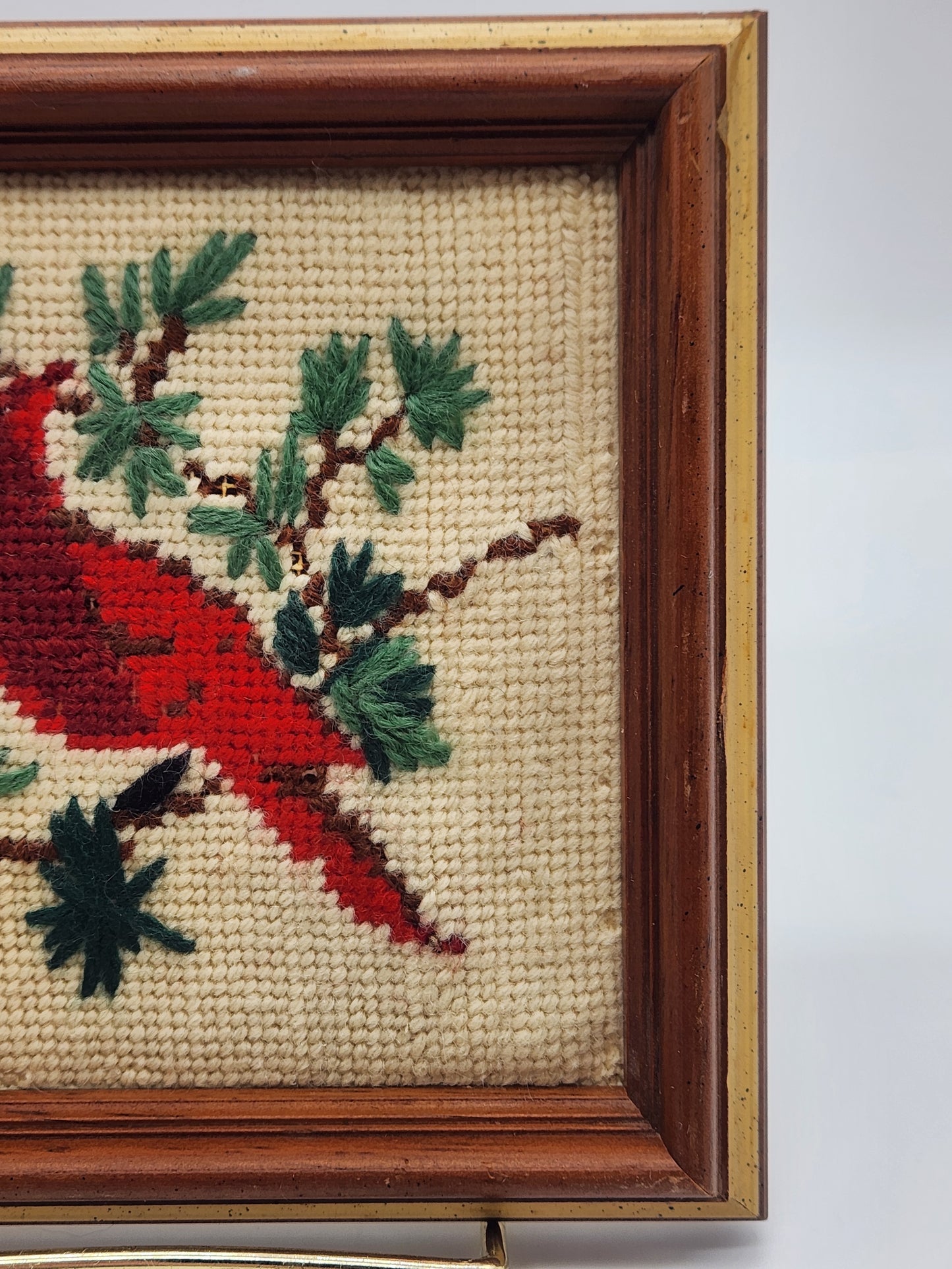 VTG Cardinal Cross Stitch Framed Art Boho Christmas Winter Decor Handcrafted