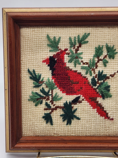 VTG Cardinal Cross Stitch Framed Art Boho Christmas Winter Decor Handcrafted