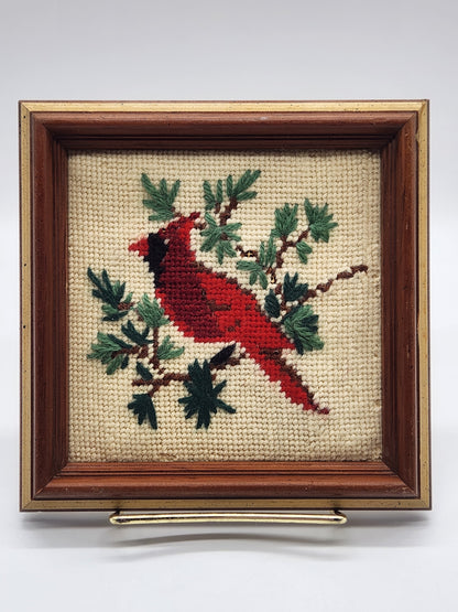 VTG Cardinal Cross Stitch Framed Art Boho Christmas Winter Decor Handcrafted