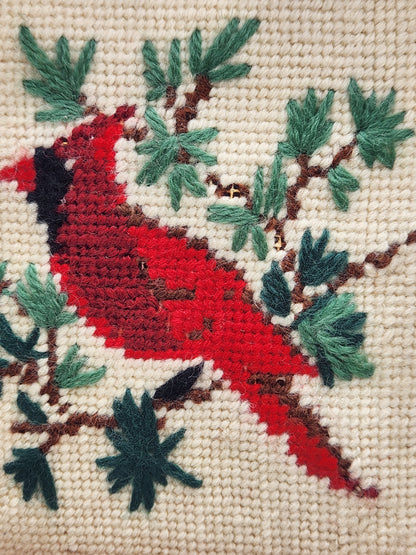 VTG Cardinal Cross Stitch Framed Art Boho Christmas Winter Decor Handcrafted