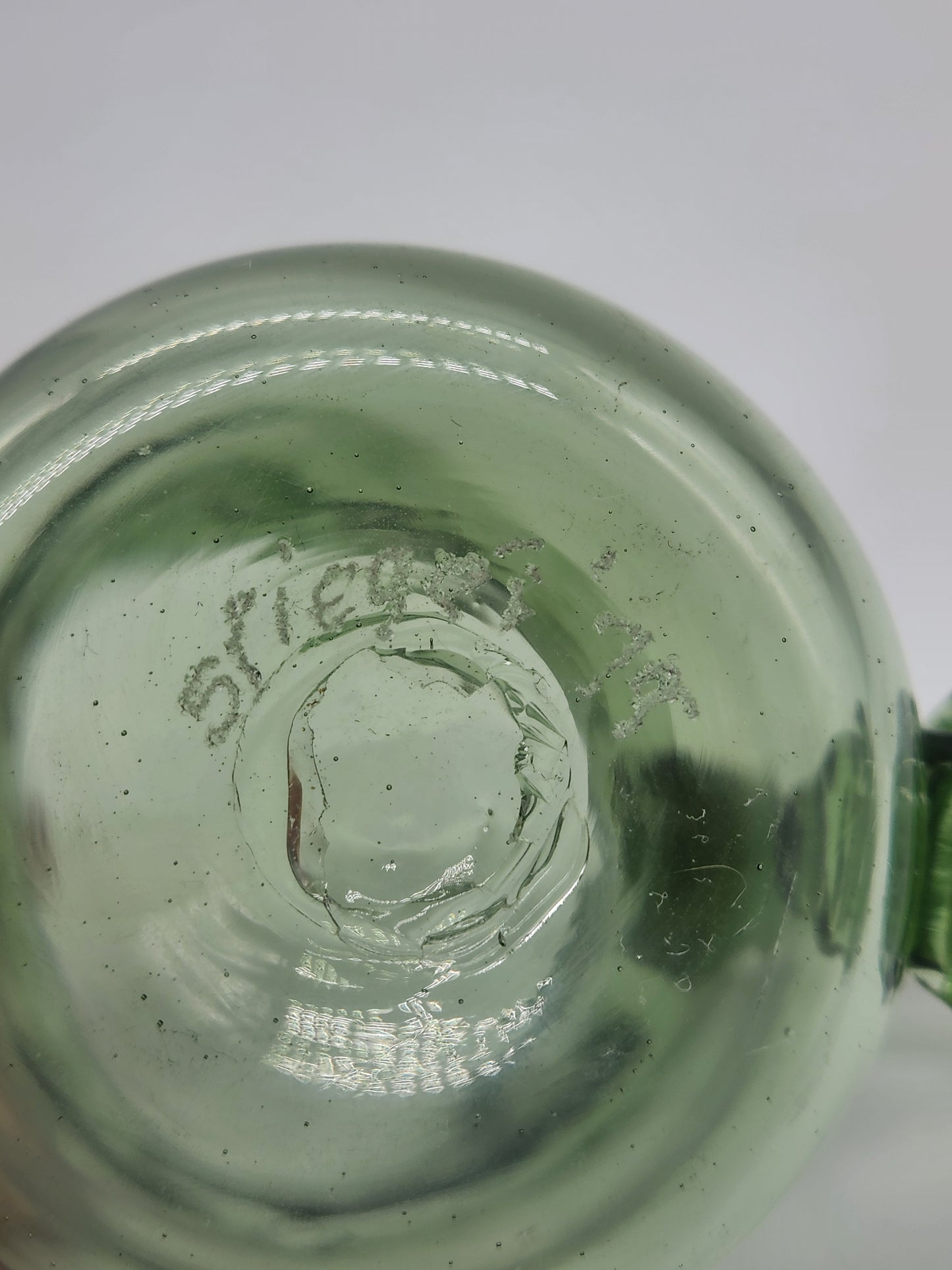 Vintage Stiegel Green Glass Hand Blown Creamer/ Bud Vase Signed 4"