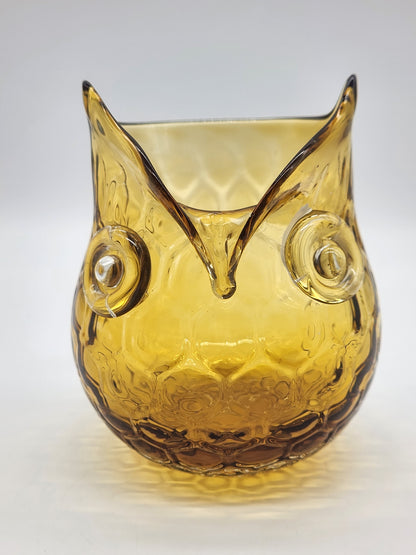 Vintage Amber Glass Honeycomb Art Glass Owl Vase Votive Candle Holder 5"