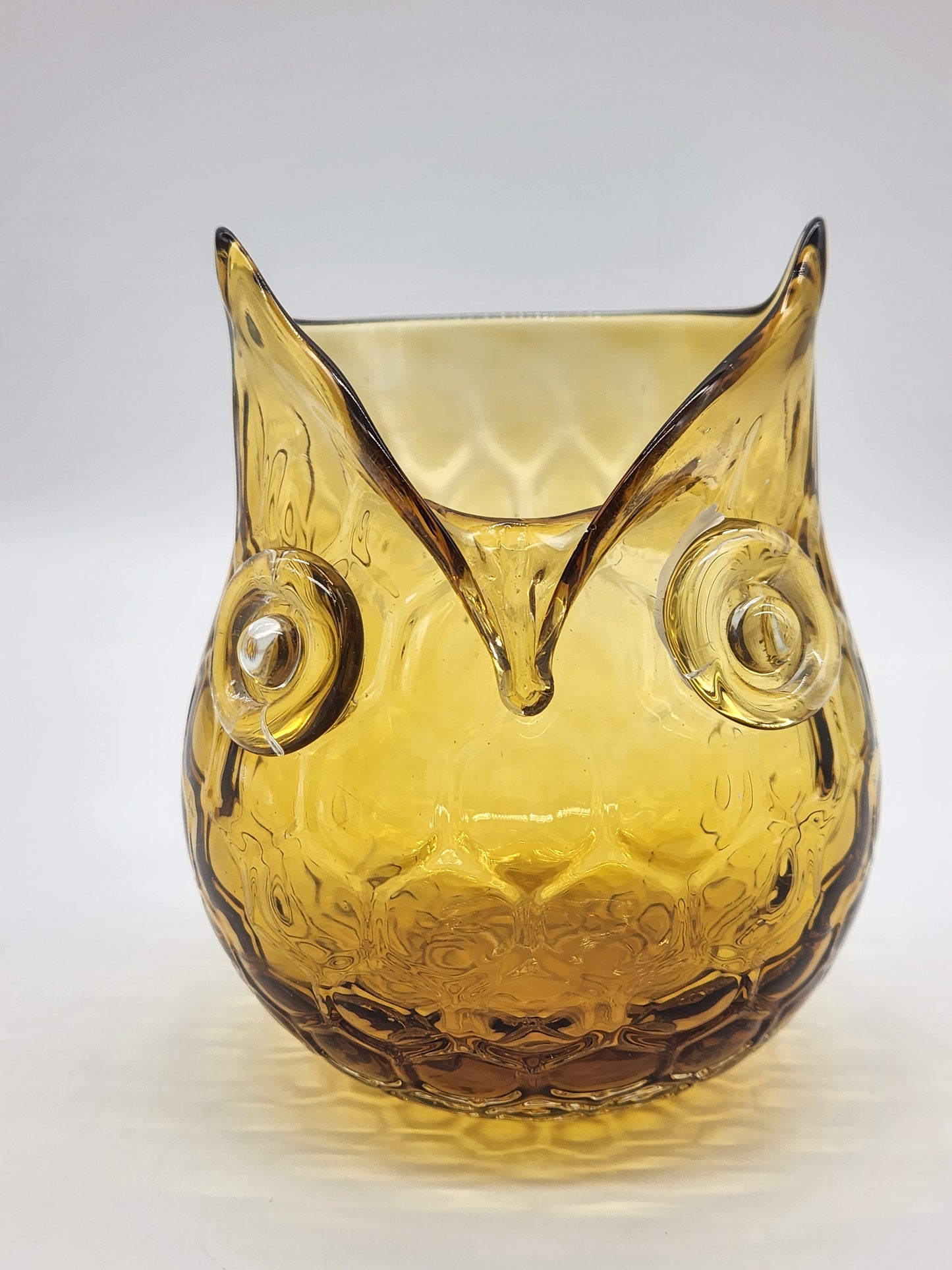 Vintage Amber Glass Honeycomb Art Glass Owl Vase Votive Candle Holder 5"