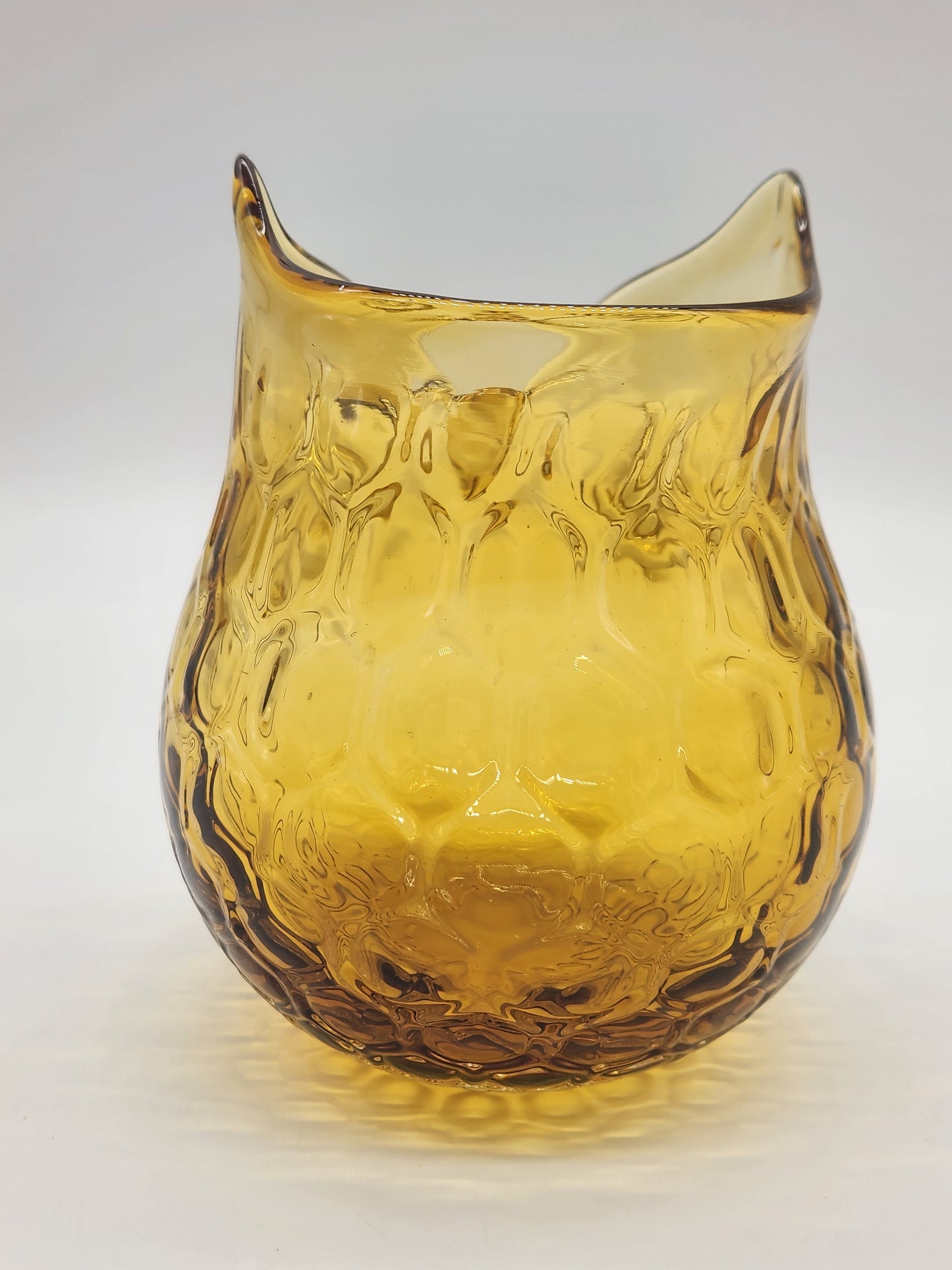 Vintage Amber Glass Honeycomb Art Glass Owl Vase Votive Candle Holder 5"