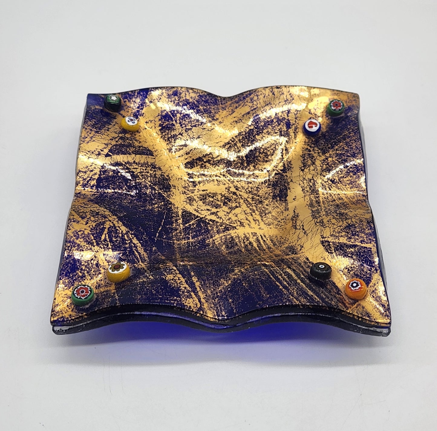 Fused Glass Decorative Artisan Trinket Dish Cobalt & Gold 4" square