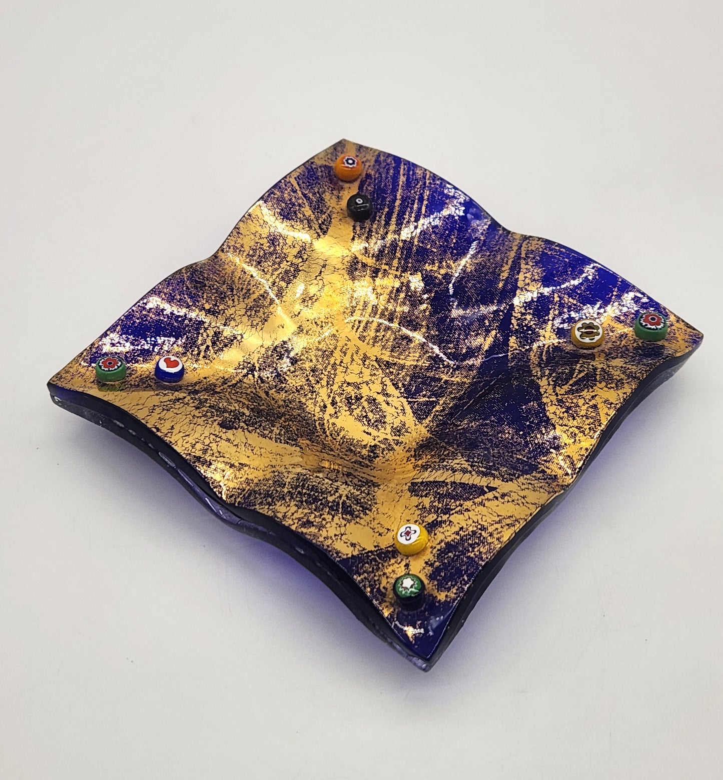 Fused Glass Decorative Artisan Trinket Dish Cobalt & Gold 4" square