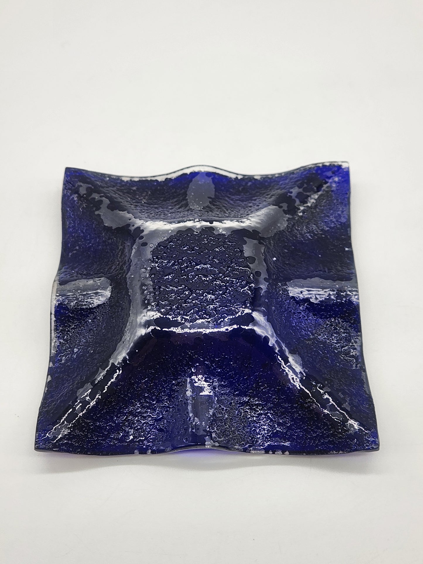 Fused Glass Decorative Artisan Trinket Dish Cobalt & Gold 4" square