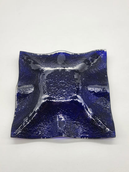 Fused Glass Decorative Artisan Trinket Dish Cobalt & Gold 4" square