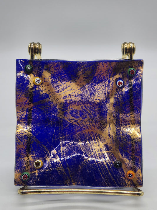 Fused Glass Decorative Artisan Trinket Dish Cobalt & Gold 4" square