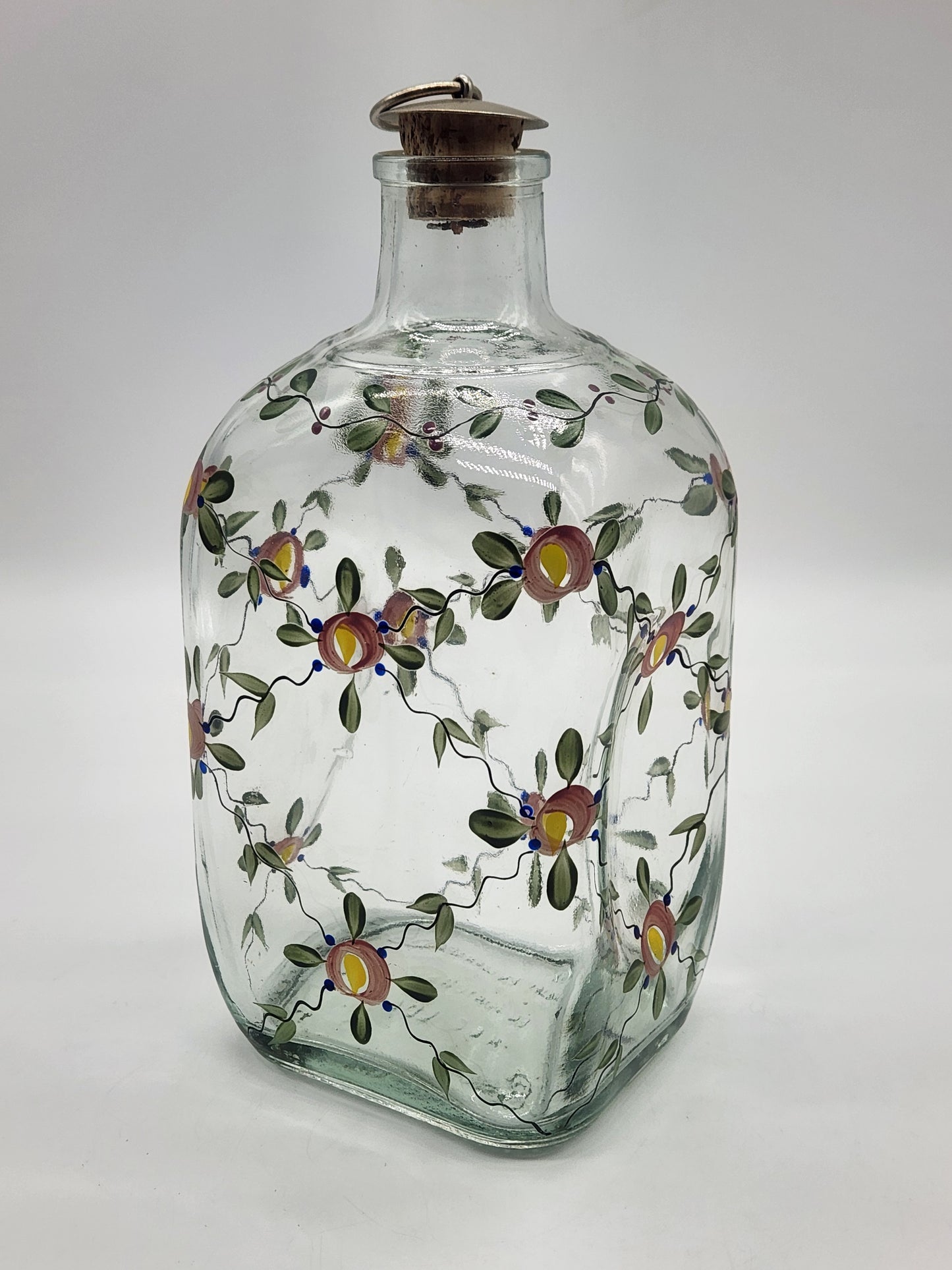 VINTAGE PORTUGAL DECANTER BOTTLE HAND PAINTED WHISKEY ENGARRAFADO FLORAL TOPPER