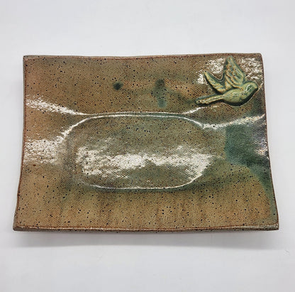 Studio Art Pottery Hand Painted Bird Rectangular Soap Trinket Dish 5.5" x 4"