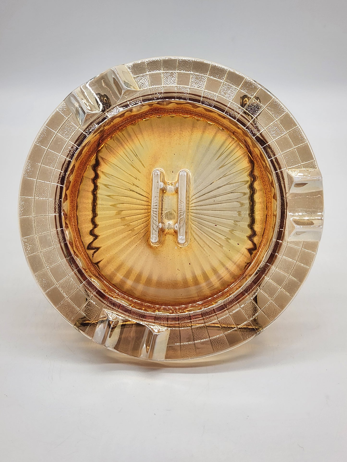 Hazel Atlas Checkerboard Ashtray - Iridescent Carnival Glass Ashtray - Large 7 1/2 inch Ashtray