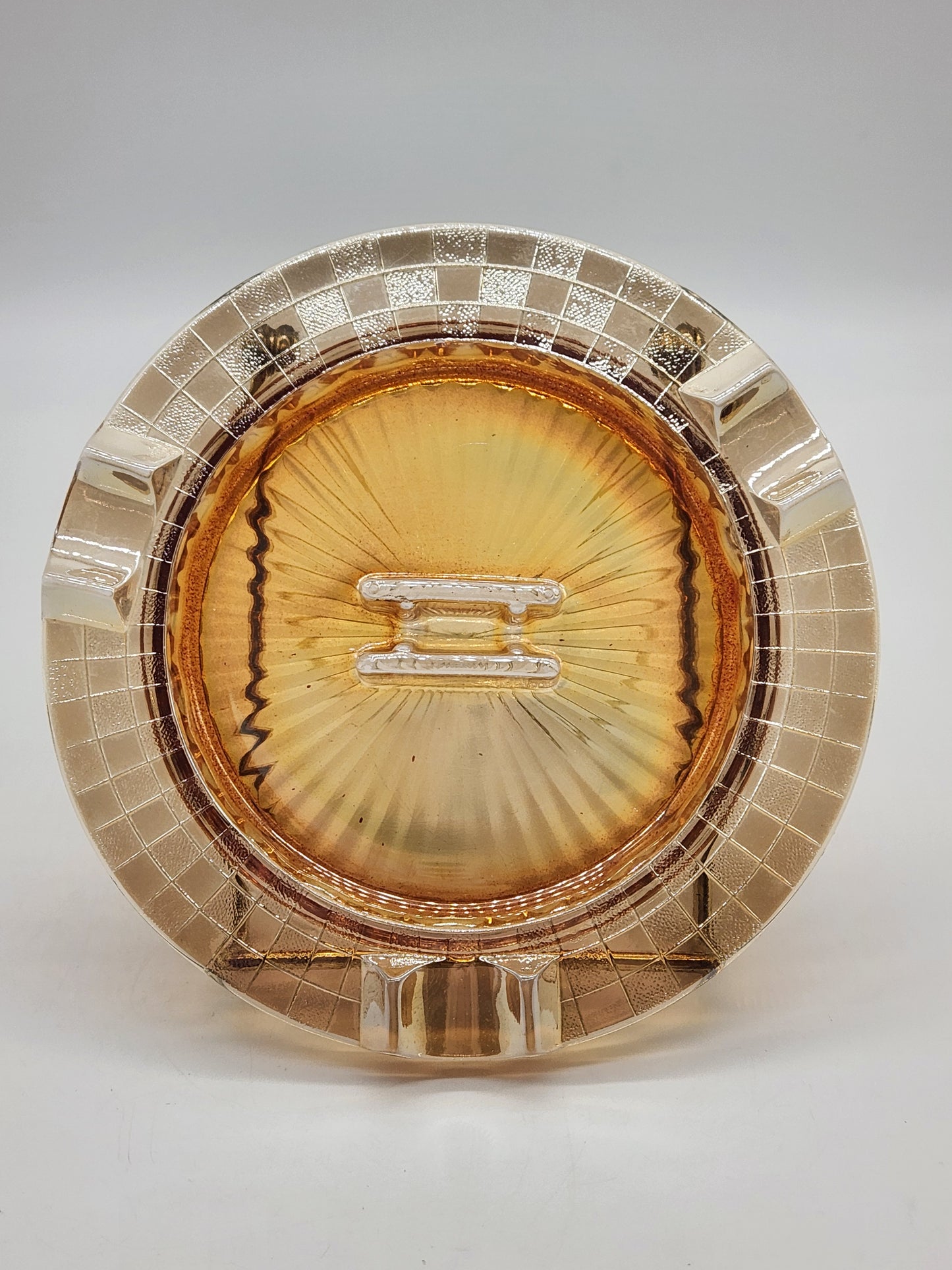 Hazel Atlas Checkerboard Ashtray - Iridescent Carnival Glass Ashtray - Large 7 1/2 inch Ashtray