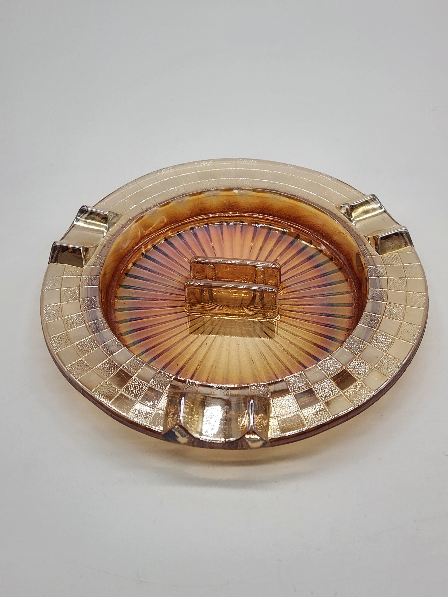 Hazel Atlas Checkerboard Ashtray - Iridescent Carnival Glass Ashtray - Large 7 1/2 inch Ashtray