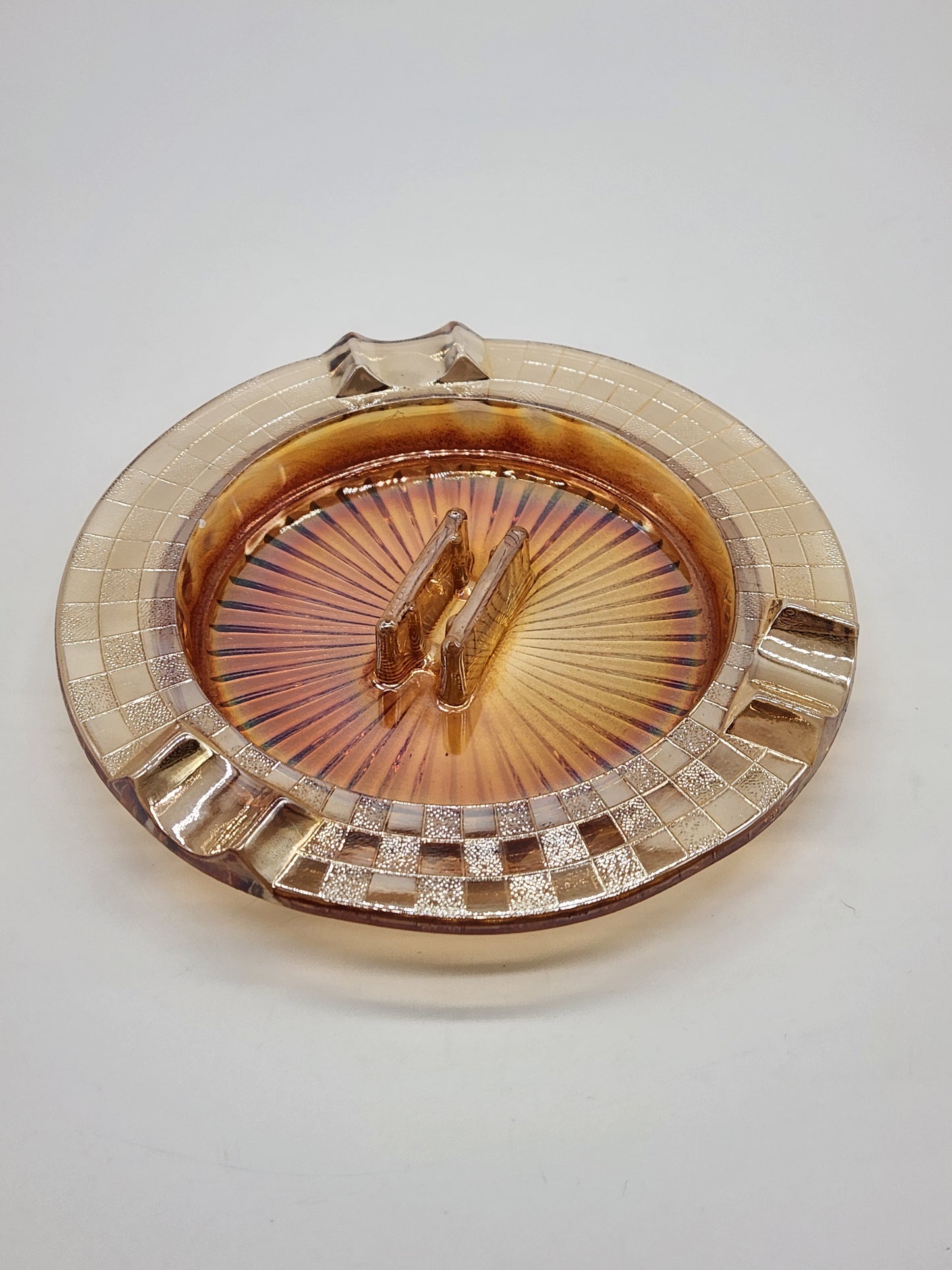 Hazel Atlas Checkerboard Ashtray - Iridescent Carnival Glass Ashtray - Large 7 1/2 inch Ashtray