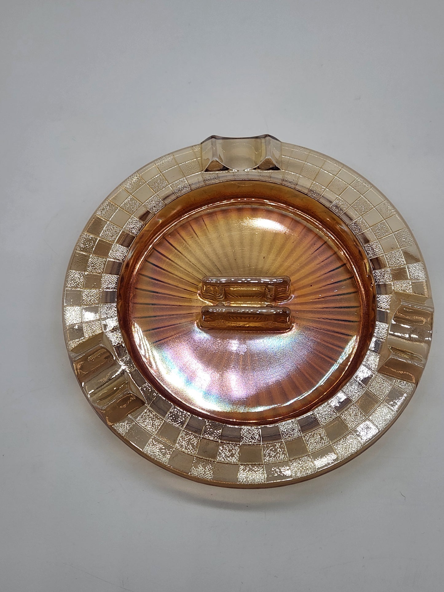 Hazel Atlas Checkerboard Ashtray - Iridescent Carnival Glass Ashtray - Large 7 1/2 inch Ashtray