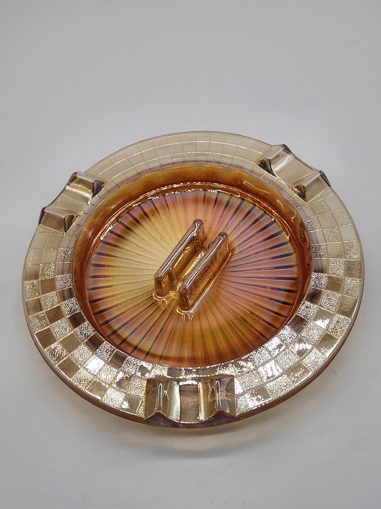 Hazel Atlas Checkerboard Ashtray - Iridescent Carnival Glass Ashtray - Large 7 1/2 inch Ashtray