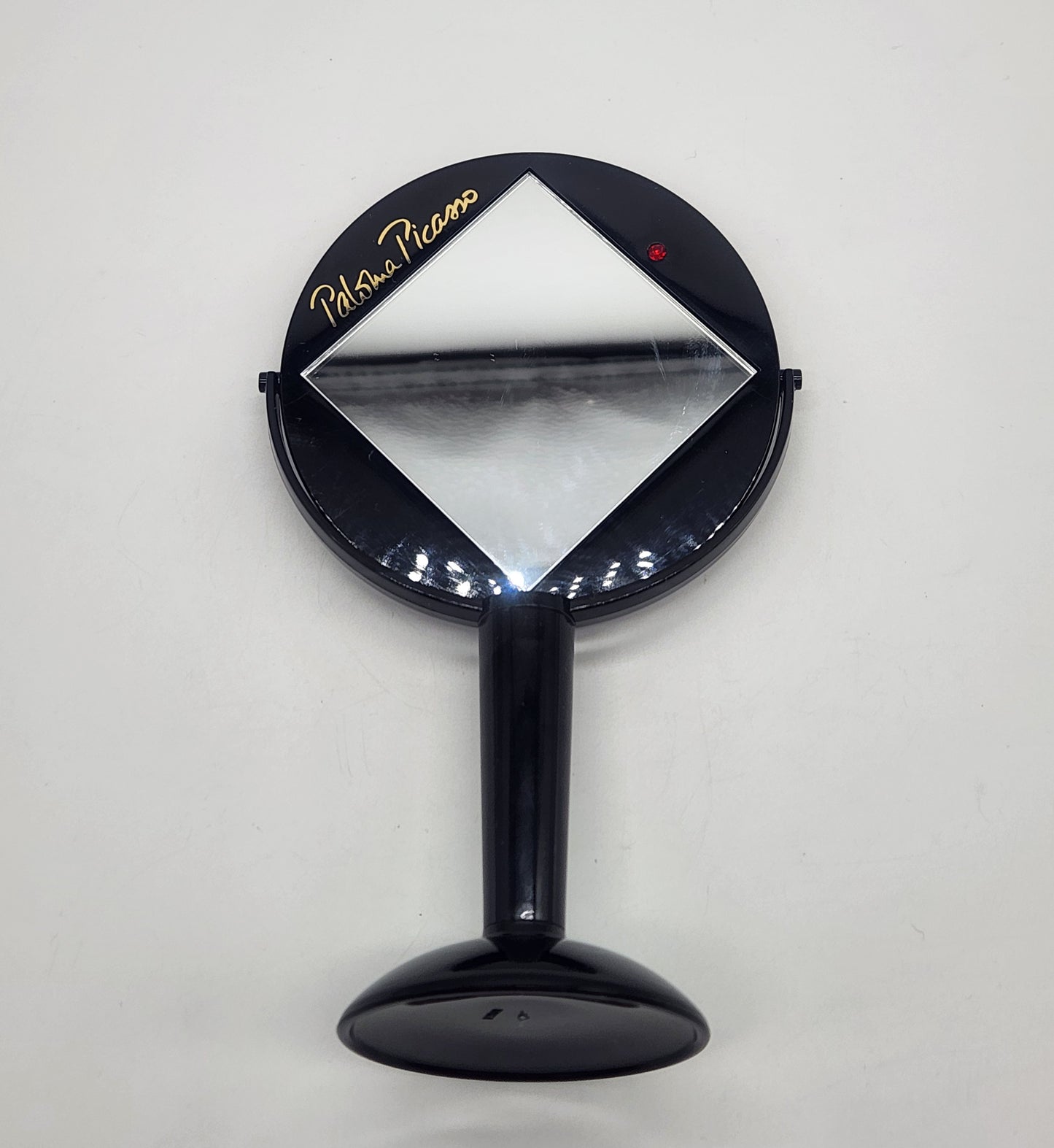 Vintage Paloma Picasso Black Plastic Vanity Mirror on Stand Red Rhinestone