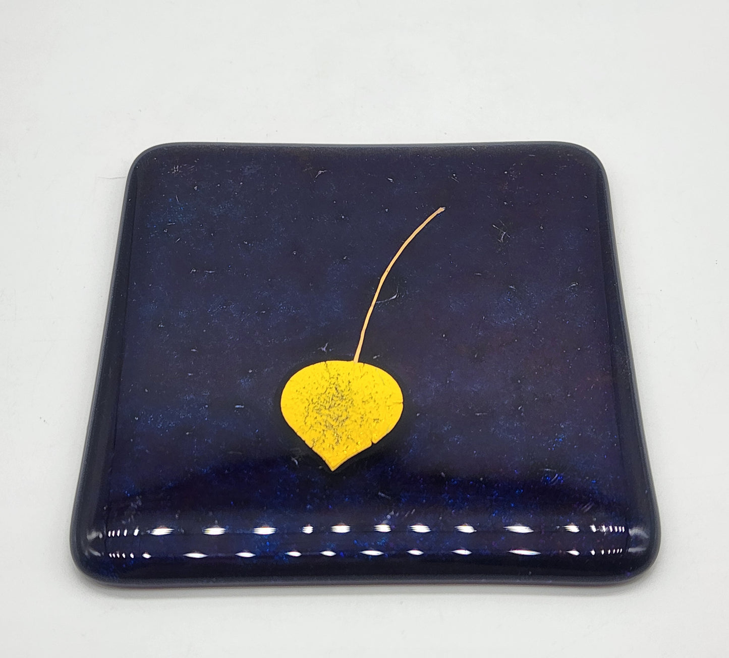 David Cuin Glass Coasters Cobalt Blue Leaf Iridescent Fused Slumped Signed 4.5"