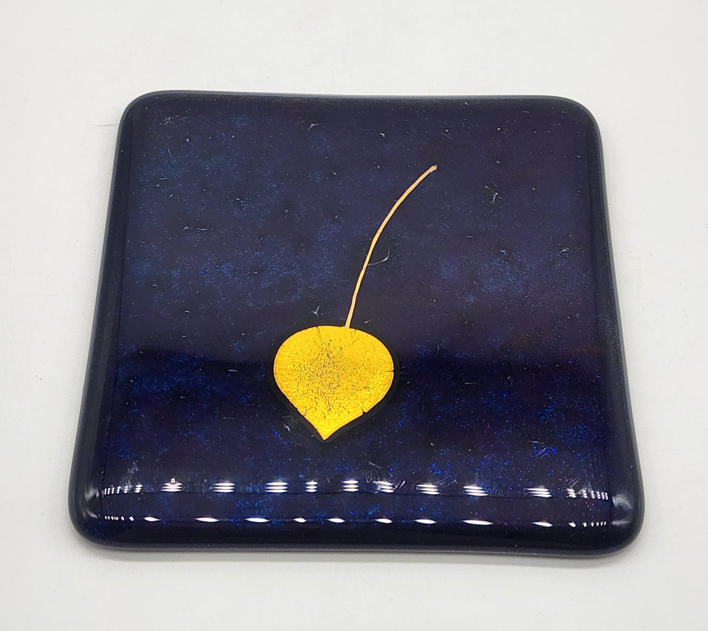 David Cuin Glass Coasters Cobalt Blue Leaf Iridescent Fused Slumped Signed 4.5"