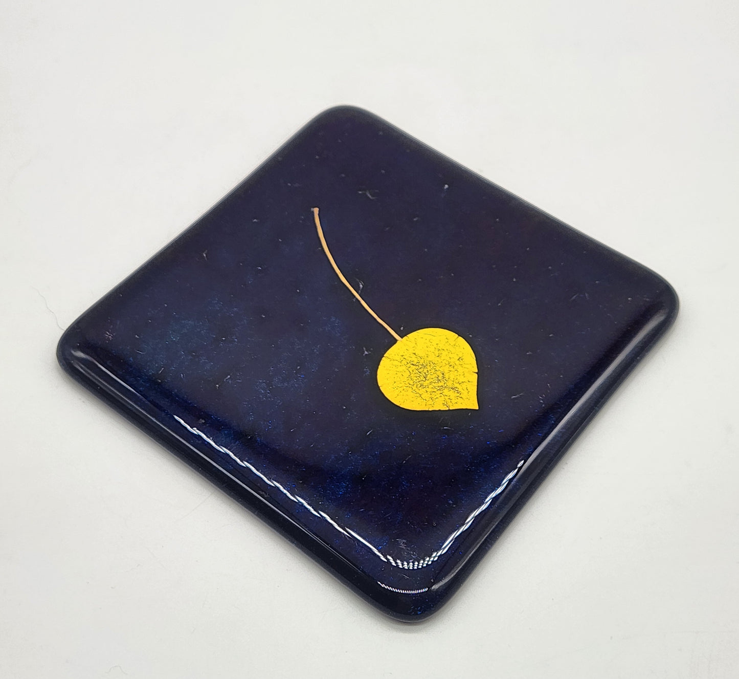 David Cuin Glass Coasters Cobalt Blue Leaf Iridescent Fused Slumped Signed 4.5"