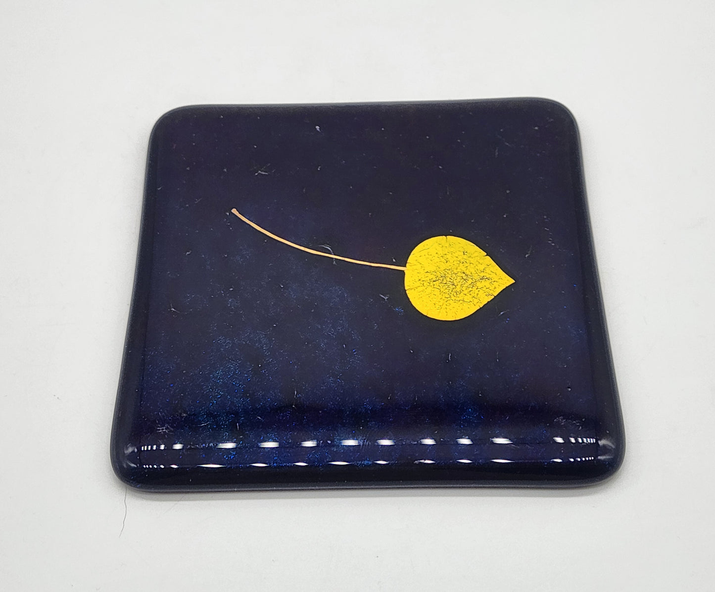 David Cuin Glass Coasters Cobalt Blue Leaf Iridescent Fused Slumped Signed 4.5"