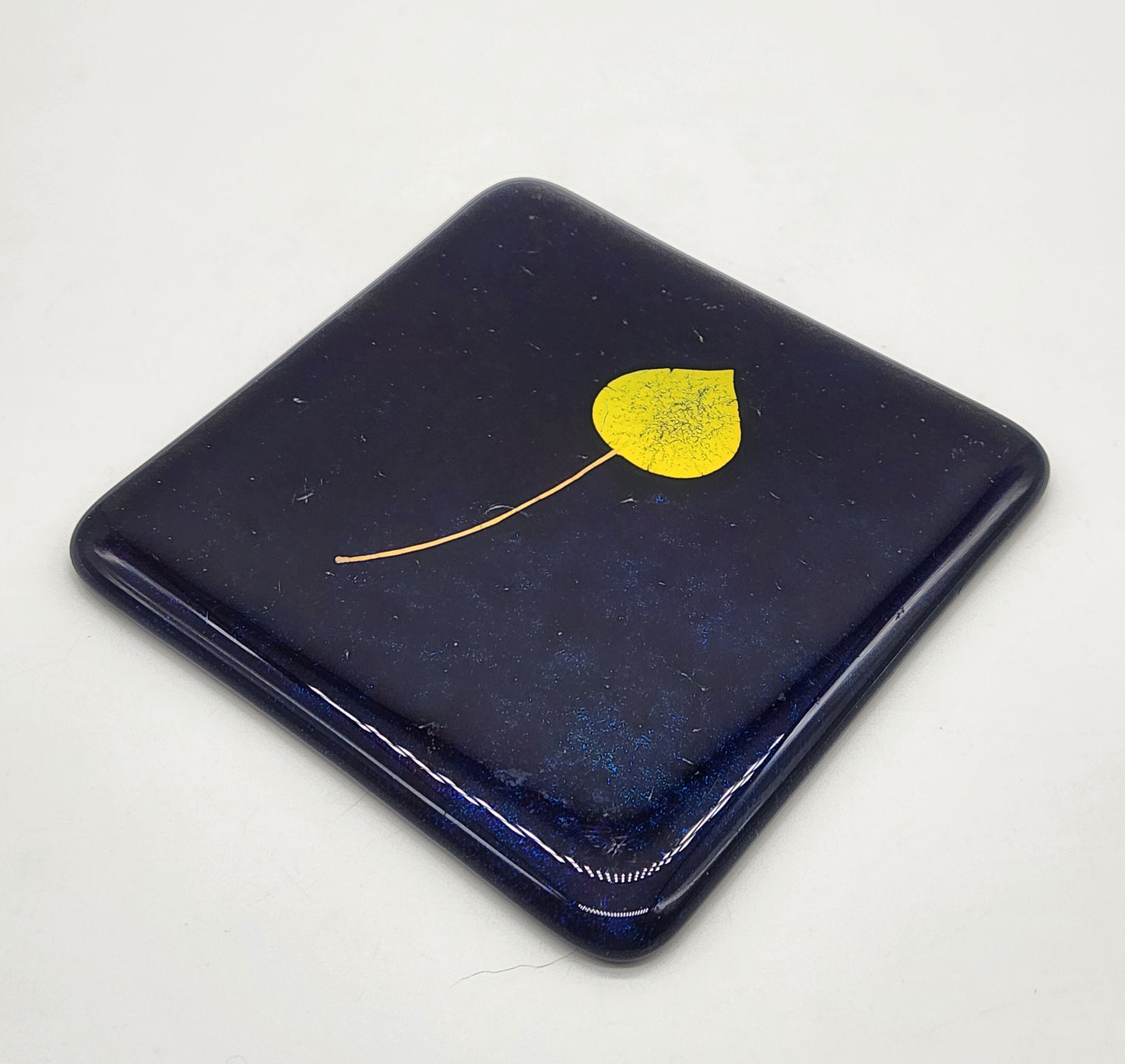 David Cuin Glass Coasters Cobalt Blue Leaf Iridescent Fused Slumped Signed 4.5"