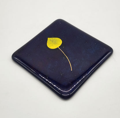 David Cuin Glass Coasters Cobalt Blue Leaf Iridescent Fused Slumped Signed 4.5"