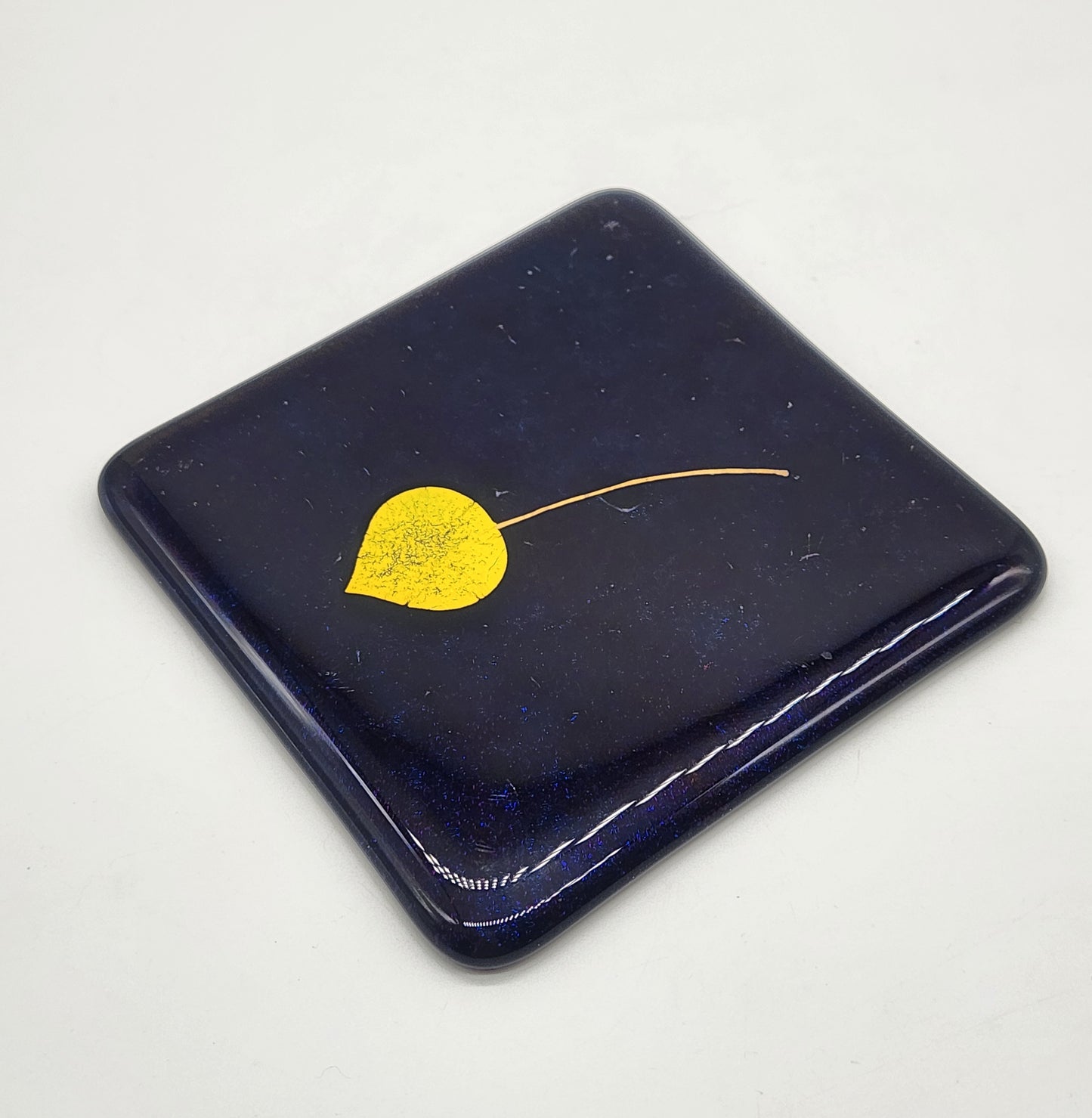 David Cuin Glass Coasters Cobalt Blue Leaf Iridescent Fused Slumped Signed 4.5"