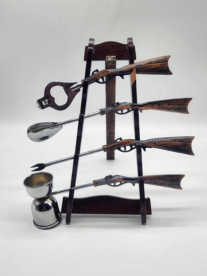 Gun Themed Bar Set - 4 Utensils Barware Drinking Tools Kitchen With Hanging Rack