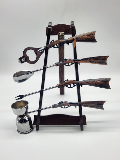 Gun Themed Bar Set - 4 Utensils Barware Drinking Tools Kitchen With Hanging Rack