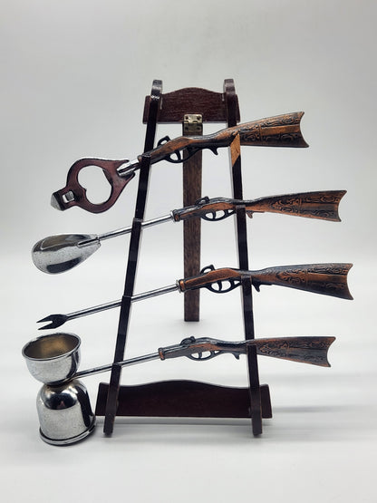 Gun Themed Bar Set - 4 Utensils Barware Drinking Tools Kitchen With Hanging Rack