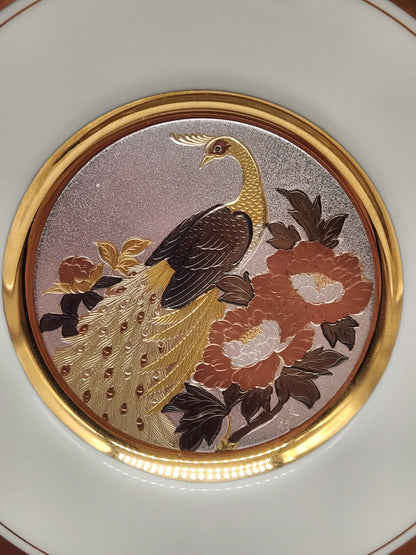 6.5" Chokin Art Decor Plate Japanese Engraved Copper Peacock Gilded w Gold